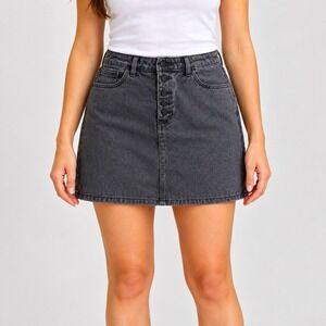 Princess Polly Black Denim Mini Skirt Women's 12 High Rise Button Front Pockets